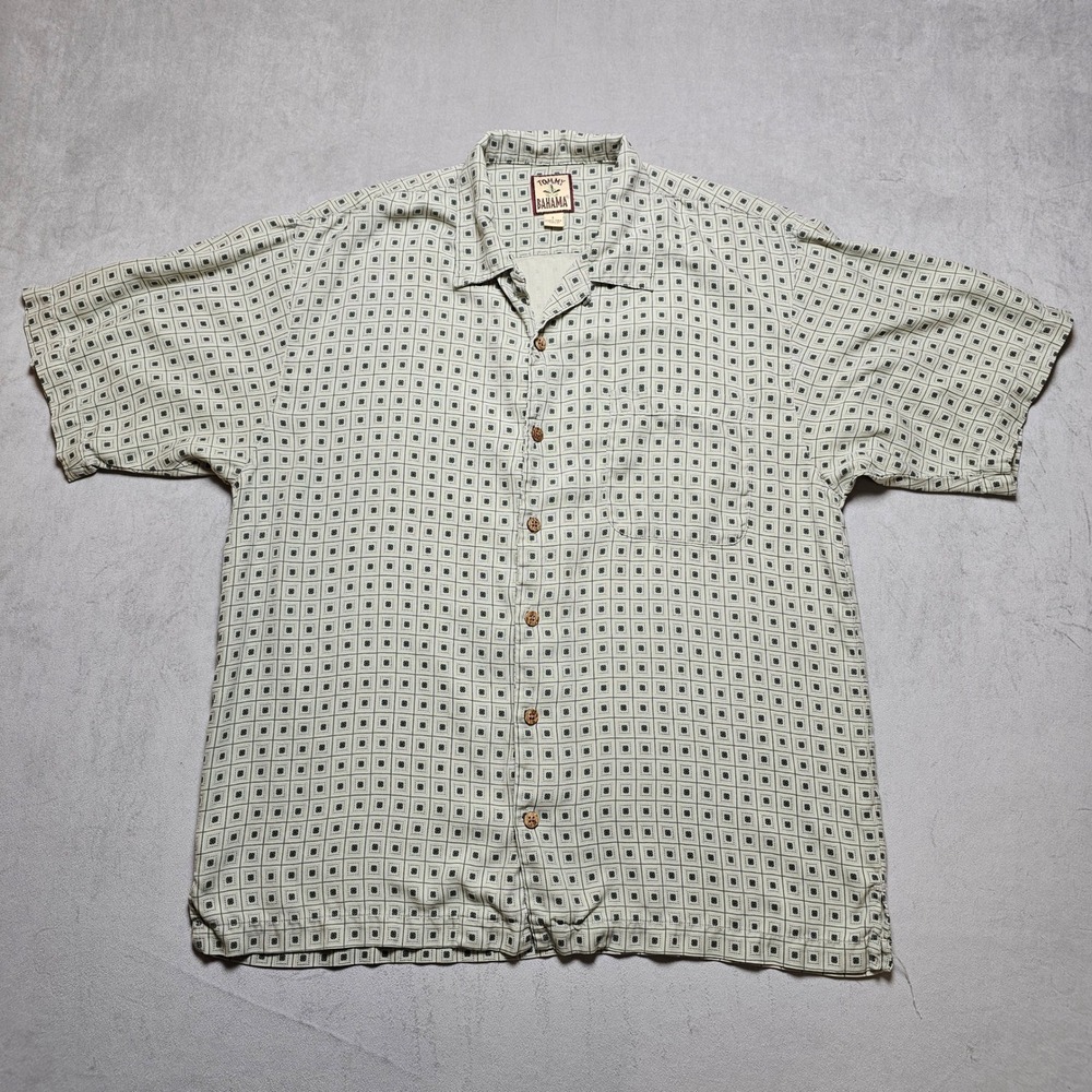 Tommy Bahama Mens Silk Herringbone Geometric Square Button Down Shirt Large Sage